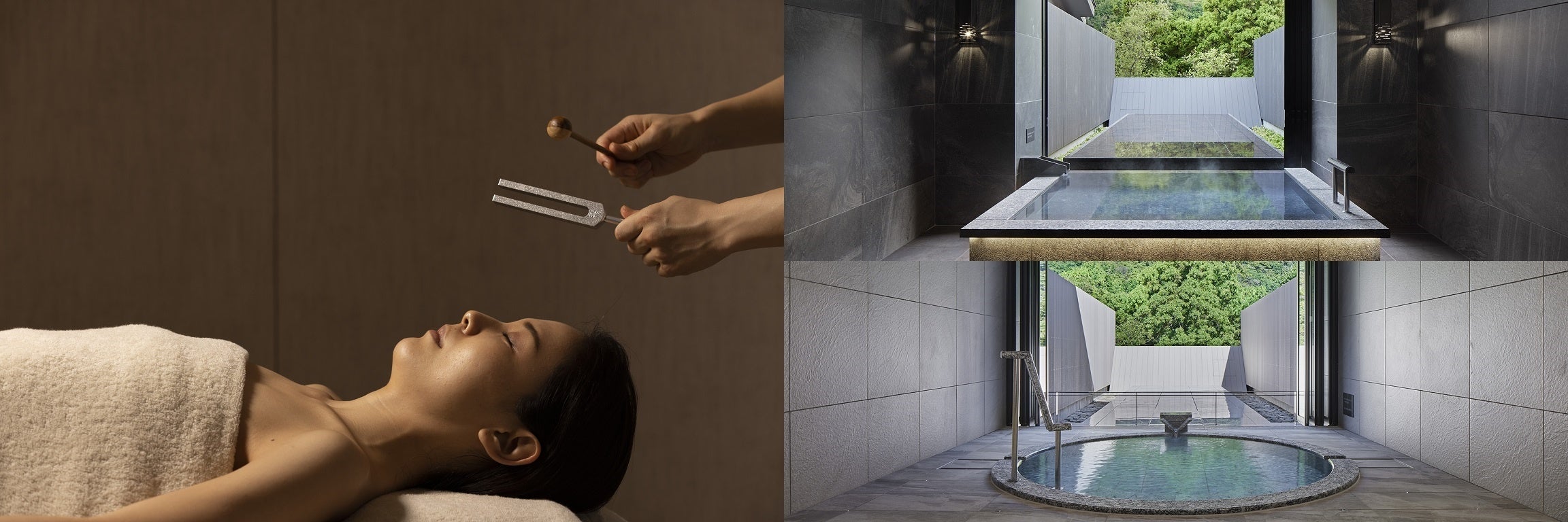 左：リラクゼーション施術　右上：水面（みなも）の湯　右下：明灯（あかり）の湯