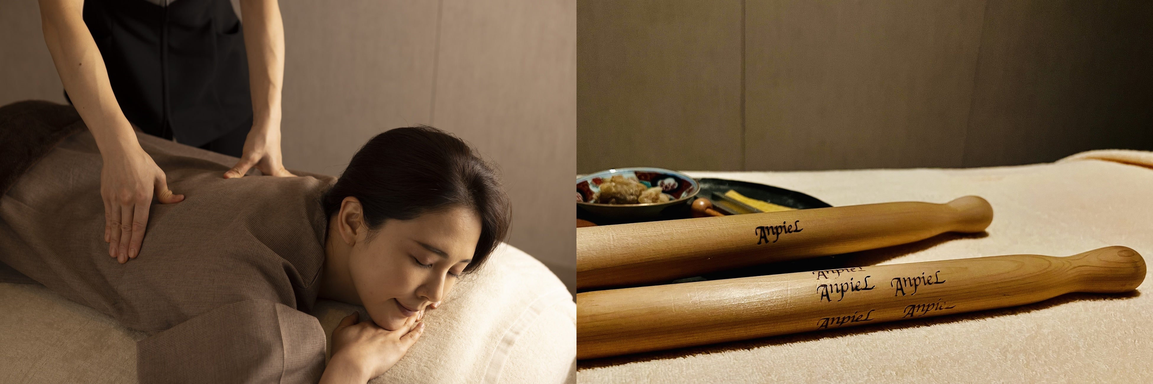 左：施術イメージ、右：ひばめん棒