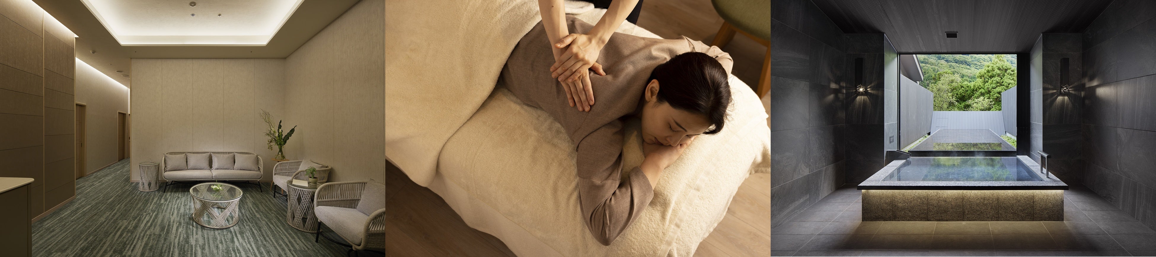 左：スパ入口、中央：施術イメージ、右：貸切風呂「水面（みなも）の湯」