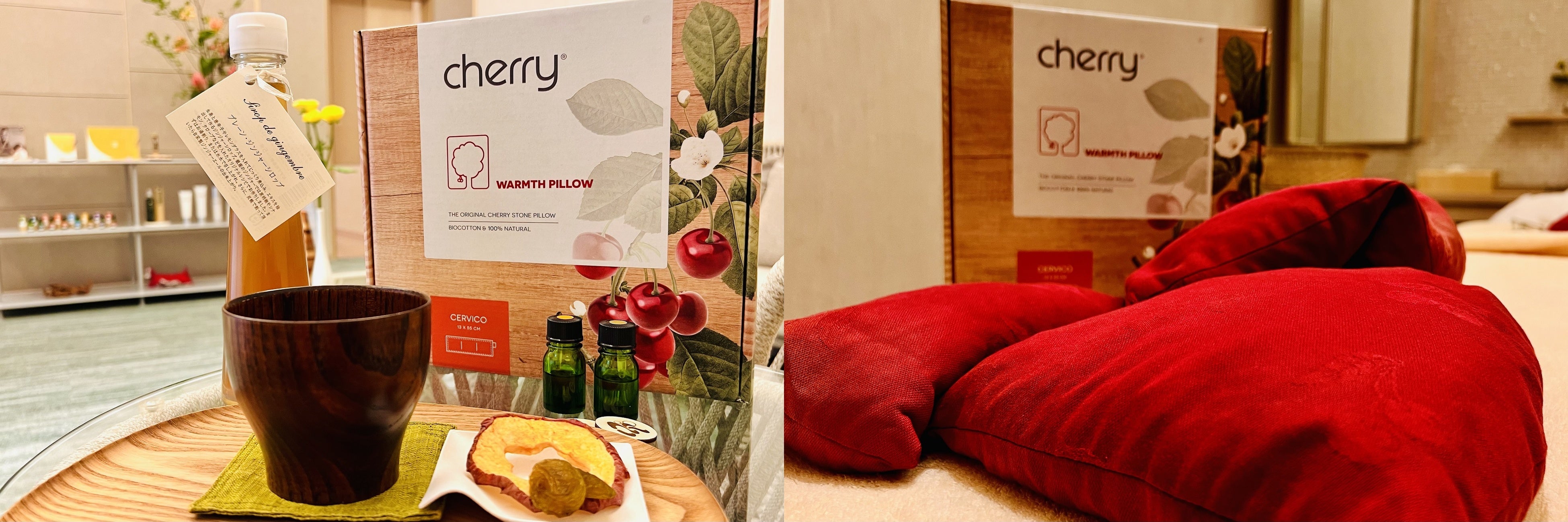 左：プラン特典イメージ、右：チェリーストーンピロー