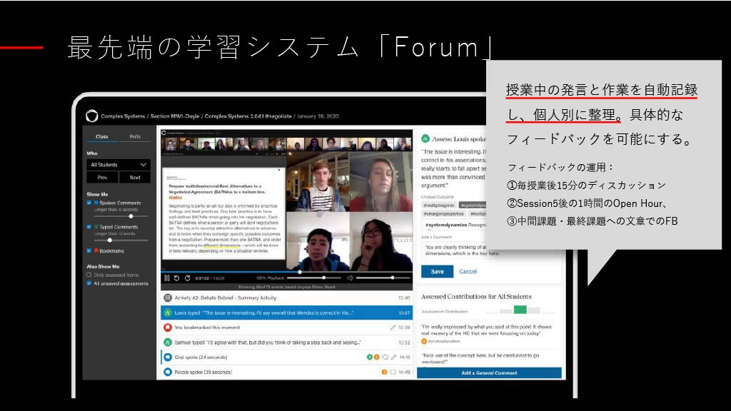 授業中の発言や作業を個人ごとに全て自動記録する機能。講師から具体的なフィードバックが可能に