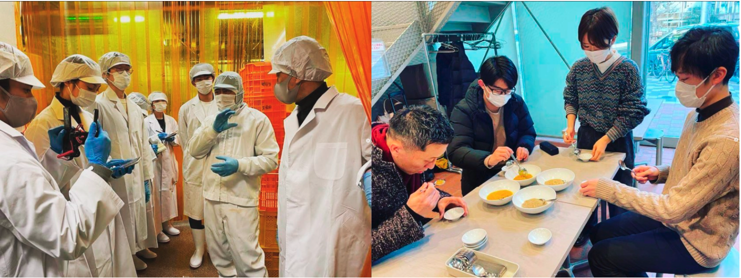 食品加工工場にて野菜の端材の発生状況を見学／スープの試作を重ねて味や食感を調整