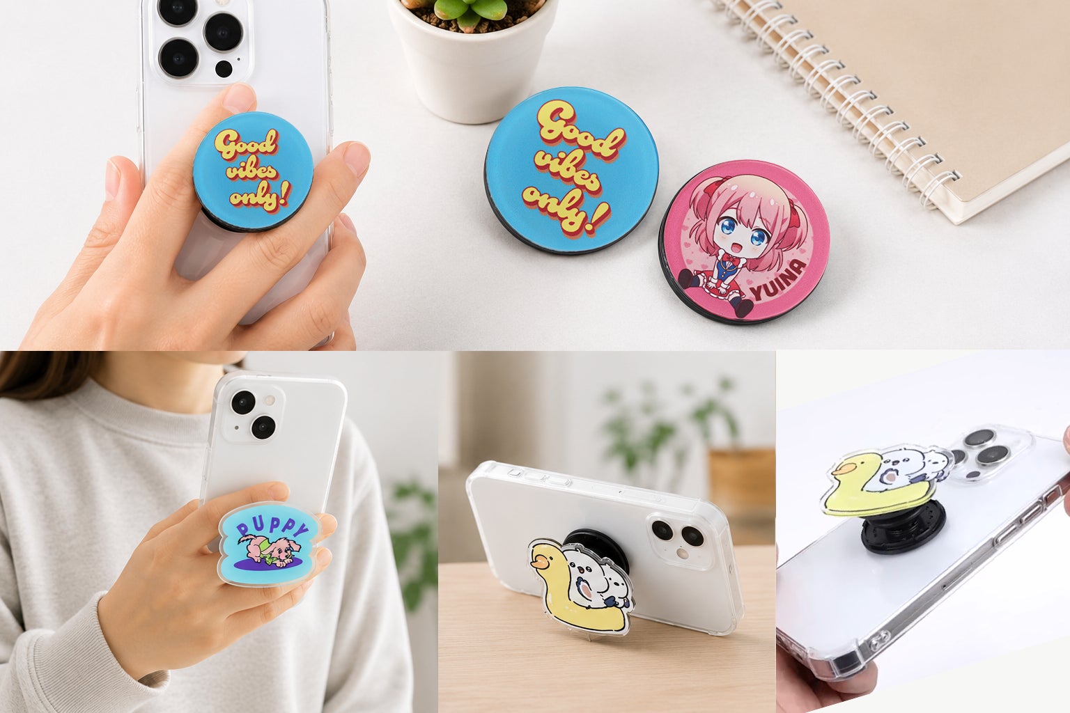 オリジナルプリント.jpにフリー型・円形スマホグリップが新登場——イラストをそのまま形に