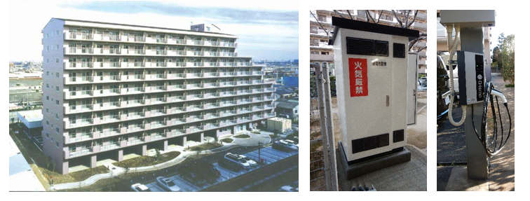 与野本町ハイツ外観写真と今回設置した蓄電池・EV充電器