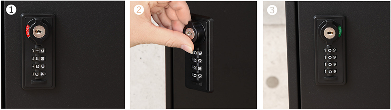①４桁の番号に合わせます　②つまみを右に回して解錠　③自動で「0」に戻ります