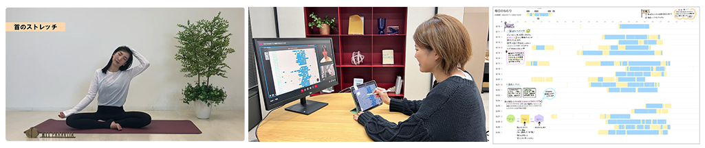 （左）参加者に3週間にわたり配信したストレッチ動画の一部（中央）睡眠データをもとに当社に在籍する睡眠の専門家が個々のライフスタイルに寄り添った睡眠改善アドバイスを実施（右）睡眠改善アドバイスの結果は、睡眠レポートにして配布