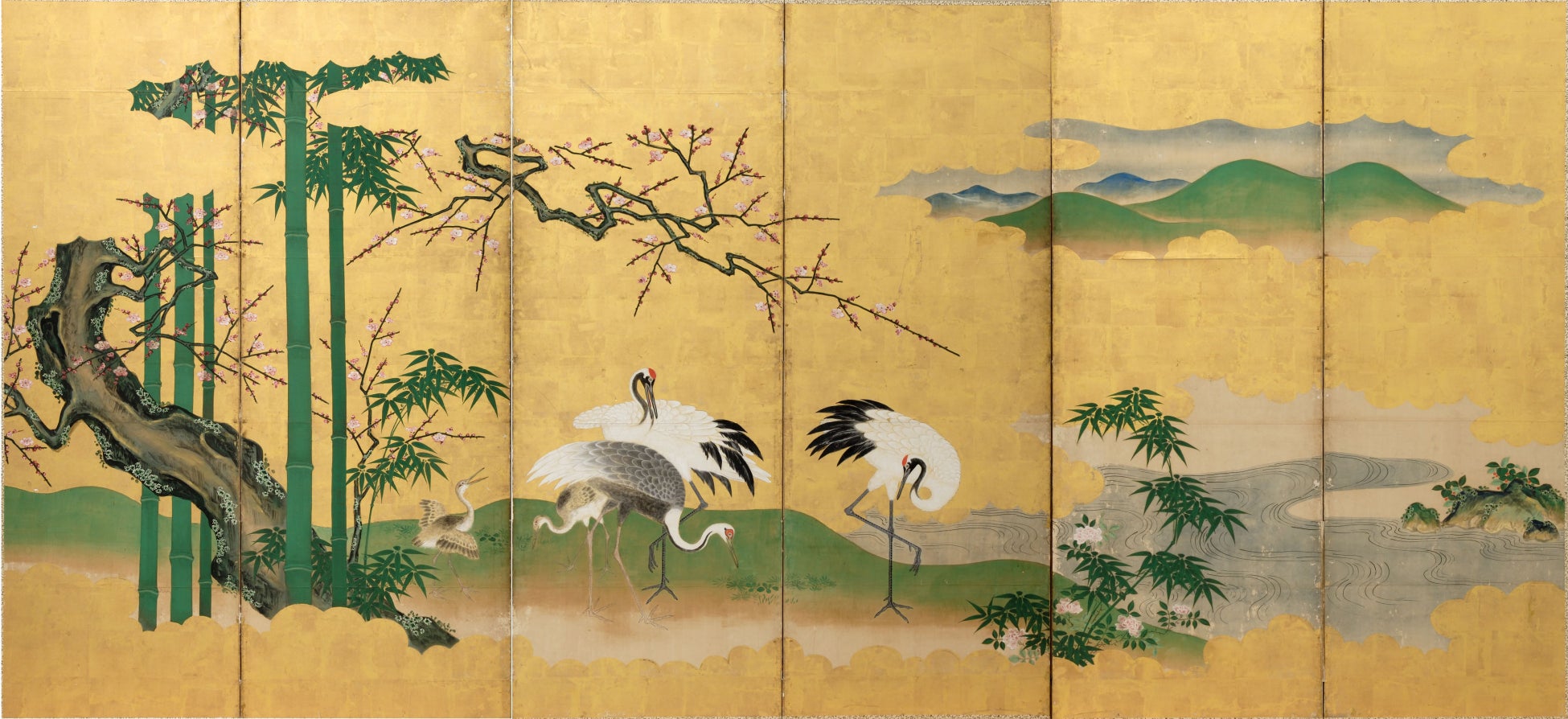竹梅鶴図屏風