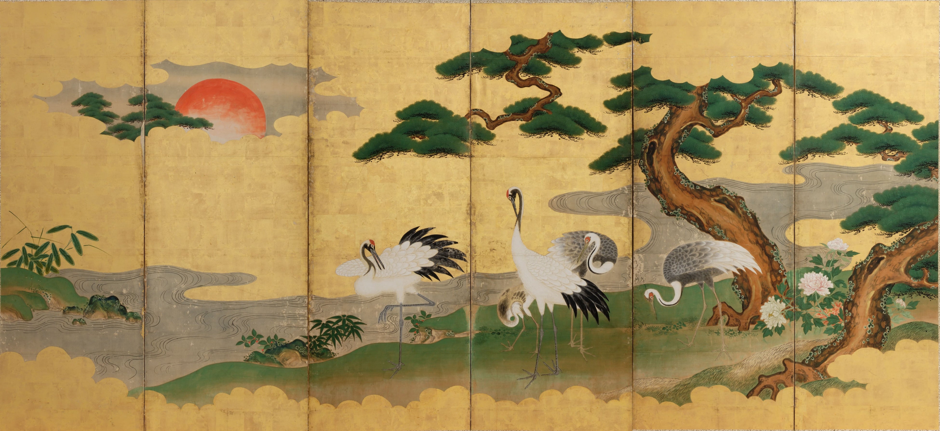 松月牡丹鶴図屏風