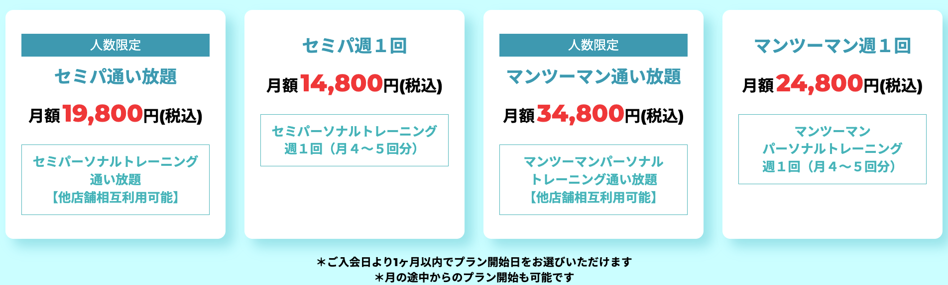 例：7月25日ご入会の場合、7月25日〜8月24日の期間内でプラン開始日をお選びいただけます。