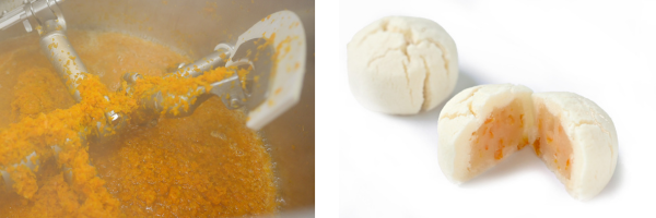 新製法で開発した「だいだいピューレ」（左）　　　　販売中の「だいだいしぐれ」（右）