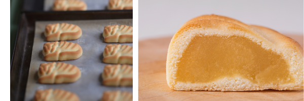 虎の形に仕上げたミルクまんじゅう（左）　　　ミルクあんをバニラ風味の生地でふんわりと包んだ（右）