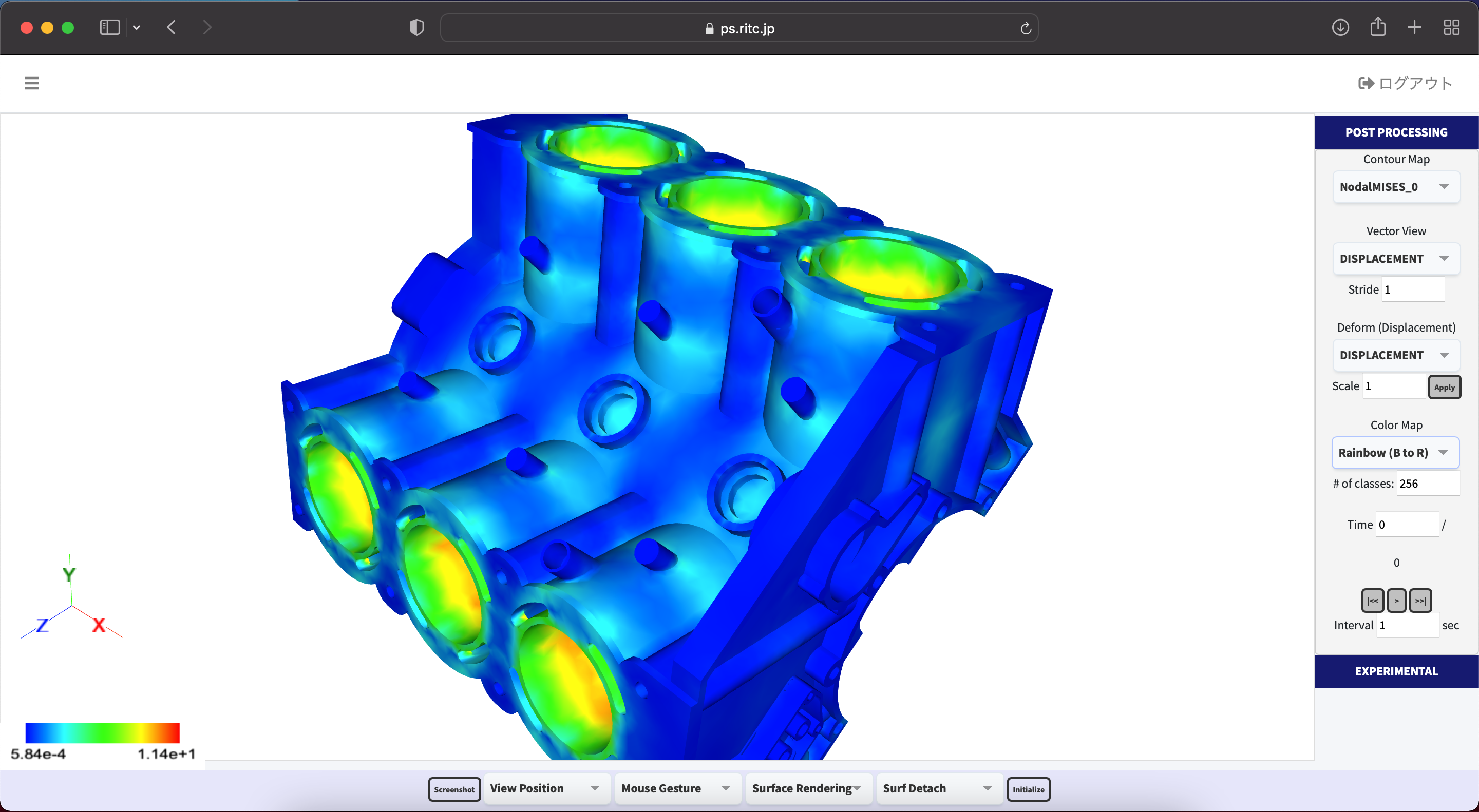 ブラウザ上でメッシング、解析設定、結果の確認などの CAE 作業が実行できます