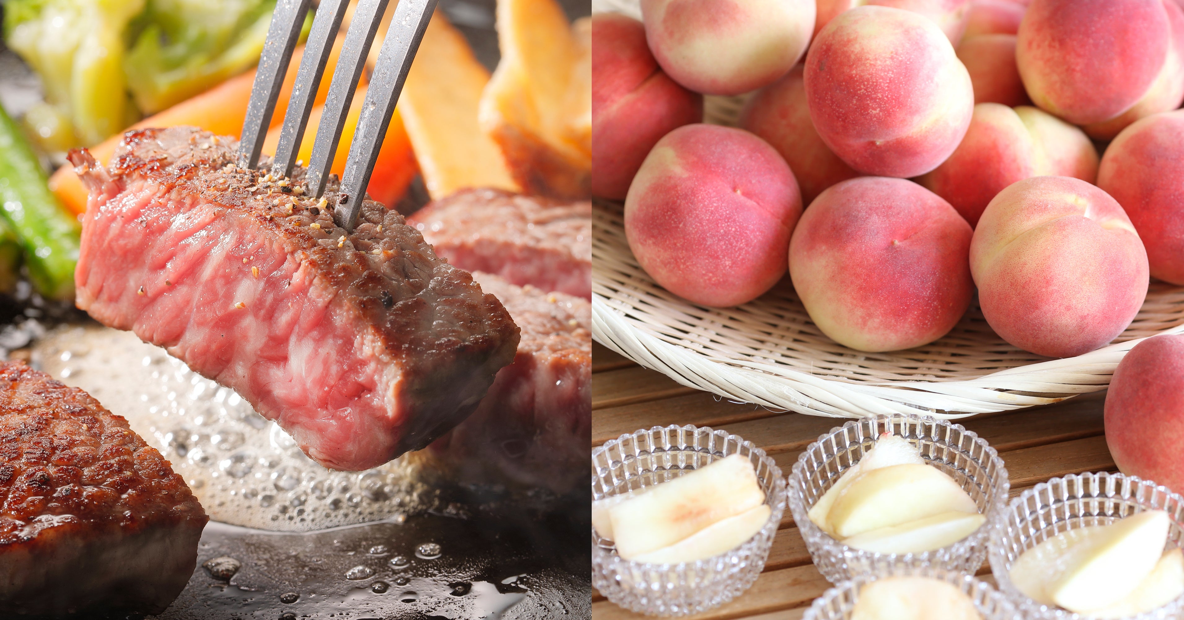 福島の桃が夕食ビュッフェに。また、福島牛のももステーキは「桃」ソ－スで。