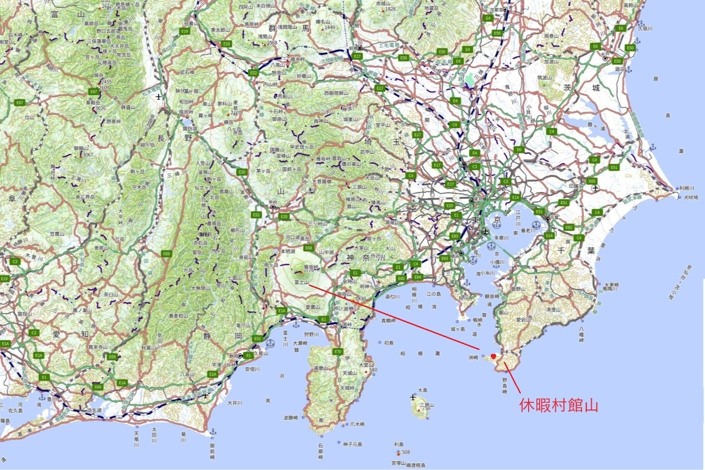 里見氏と北条氏の40年に及んだ制海権をめぐる争いの中でも、きっと海越しに美しい富士山を観たことでしょう(地理院地図(電子国土web)使用)