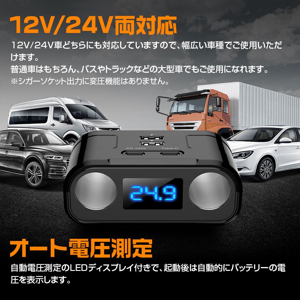 MAXWINから12V/24V両対応のPD+USBポート付き6ポートの2連シガー