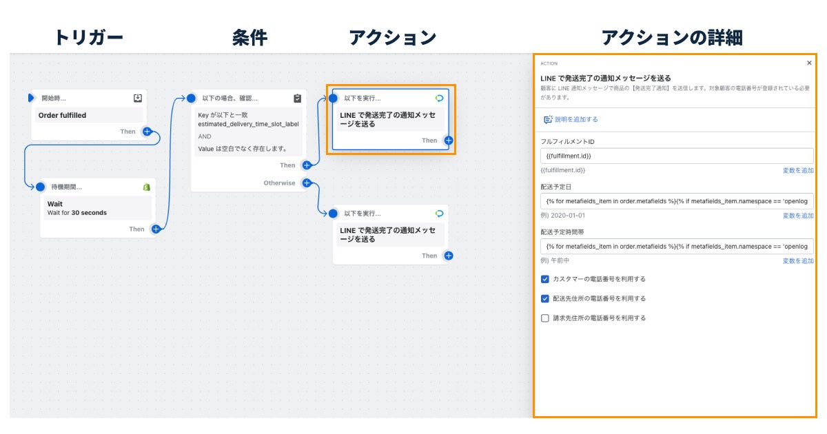 Shopify Flowの設定画面イメージ（発送完了の通知メッセージ配信）