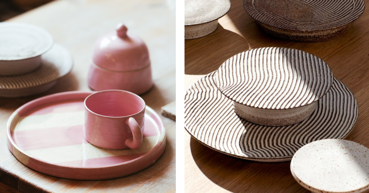 写真左：PINK　ELEPHANT　コロナのパンデミック初期に発表されオリジナルのピンク色がスウェーデンで人気のシリーズ。 本展では新色も。　写真右：RILLA　日本の枯山水を彷彿とさせる代表作