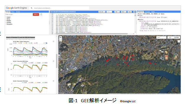 写真内の赤で示された箇所は、盛土のために森林伐採された可能性がある場所を示しています