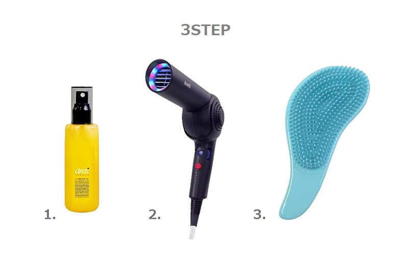 1．トライアクティブヘアミスト（m1608）2．モイストケアドライヤーKozou（d1621IDG）3．デタングルブラシ（a673SUI）