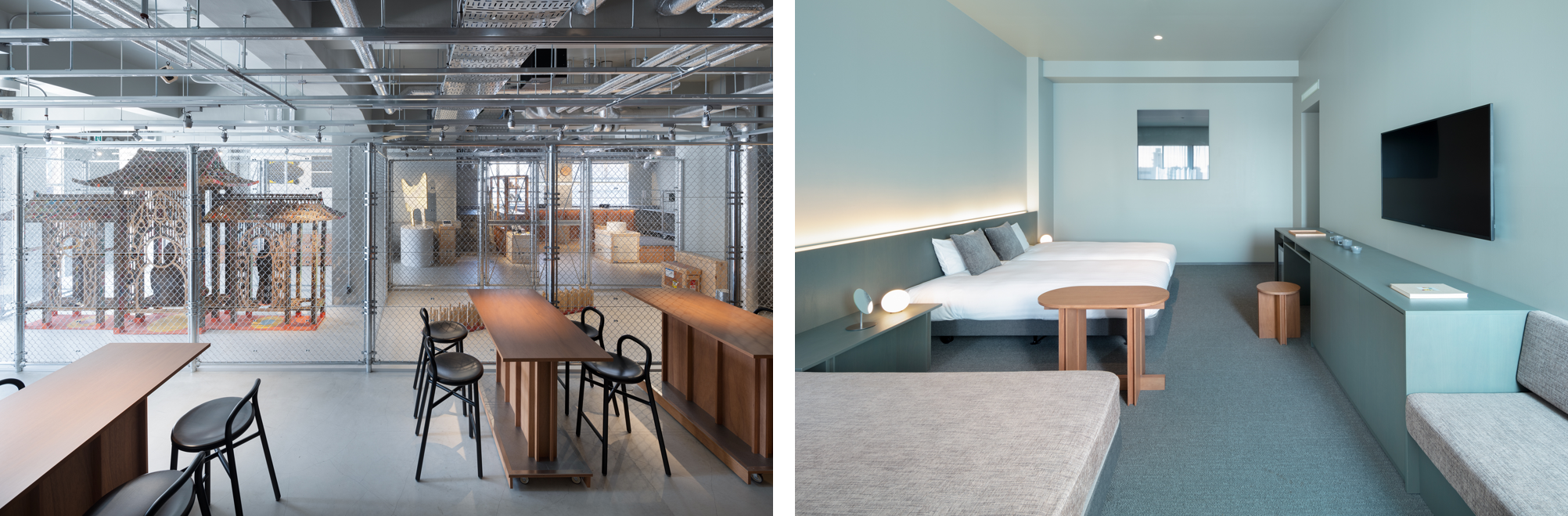 左： 1Fのアートストレージ　右：客室の一室（Superior 4）　Photo by Takumi Ota