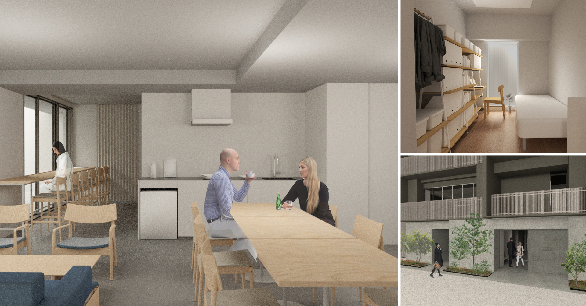 左：2階ラウンジ（共用部）　右上：個室イメージ　　右下：アプローチ