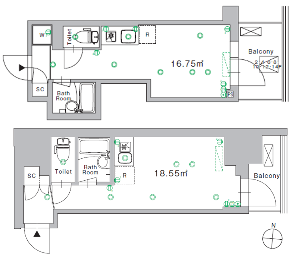 個室　代表プラン（上：16.75㎡、下18.55㎡）