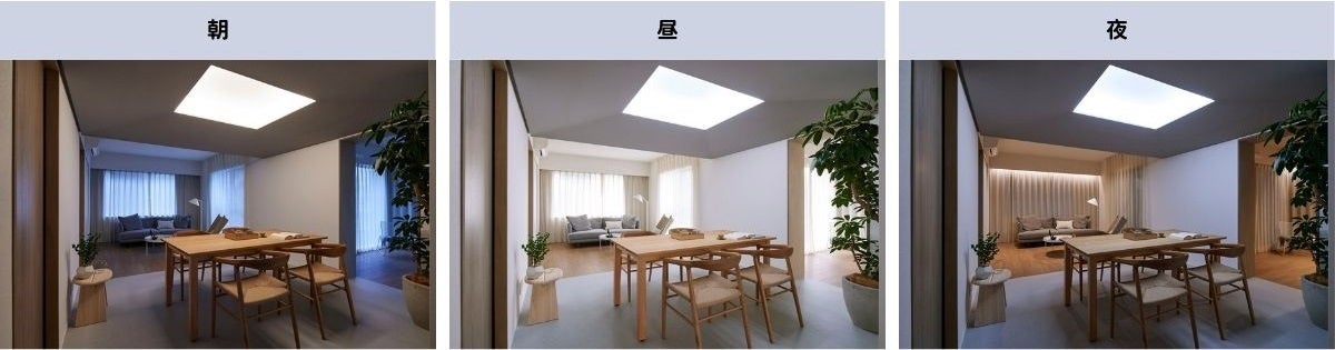 天井に設置された次世代型LED照明『Synca』によって、1日の日が昇ってから沈むまでの「陽光」のリズムを時間の経過に合わせて室内で表現　photo by 古末拓也