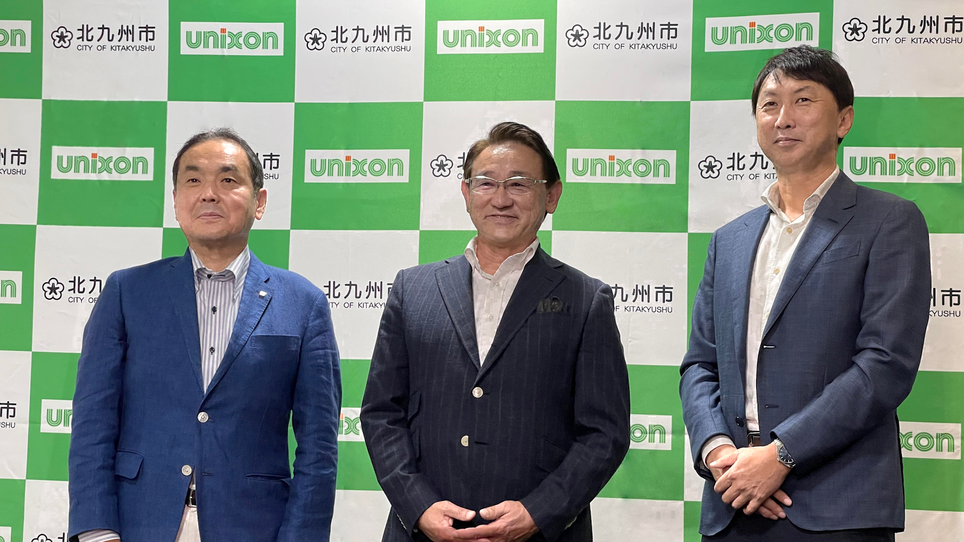 左より、極東ファディ株式会社　代表取締役社長　秋本修治様、ユニゾンシステムズ 代表取締役 　今村勉也、株式会社やまやコミュニケーションズ　代表取締役社長 山本 正秀様