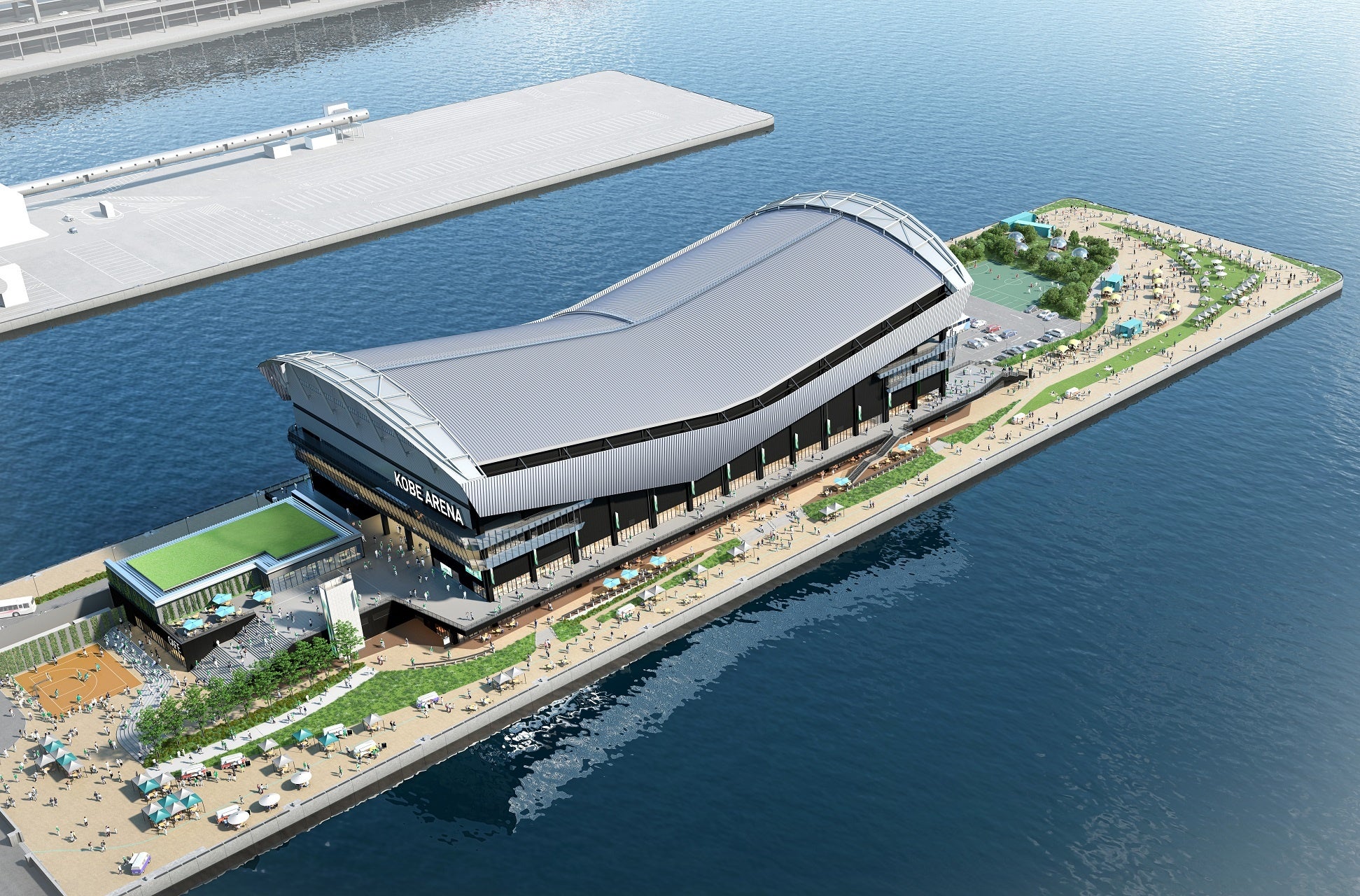 「神戸アリーナ（仮称）」外観イメージ（西側上空から望む）