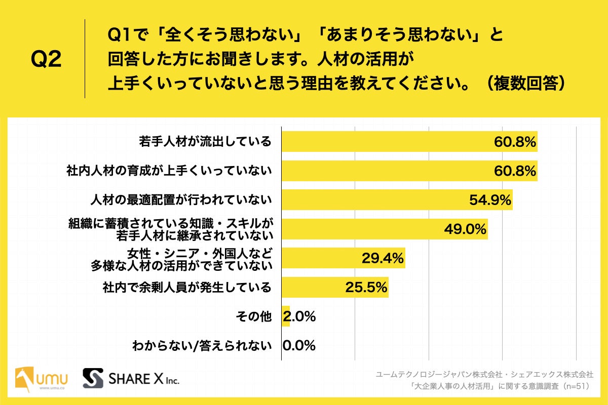 Q2.Q1で「全くそう思わない」「あまりそう思わない」と回答した方にお聞きします。人材の活用が上手くいっていないと思う理由を教えてください。（複数回答）