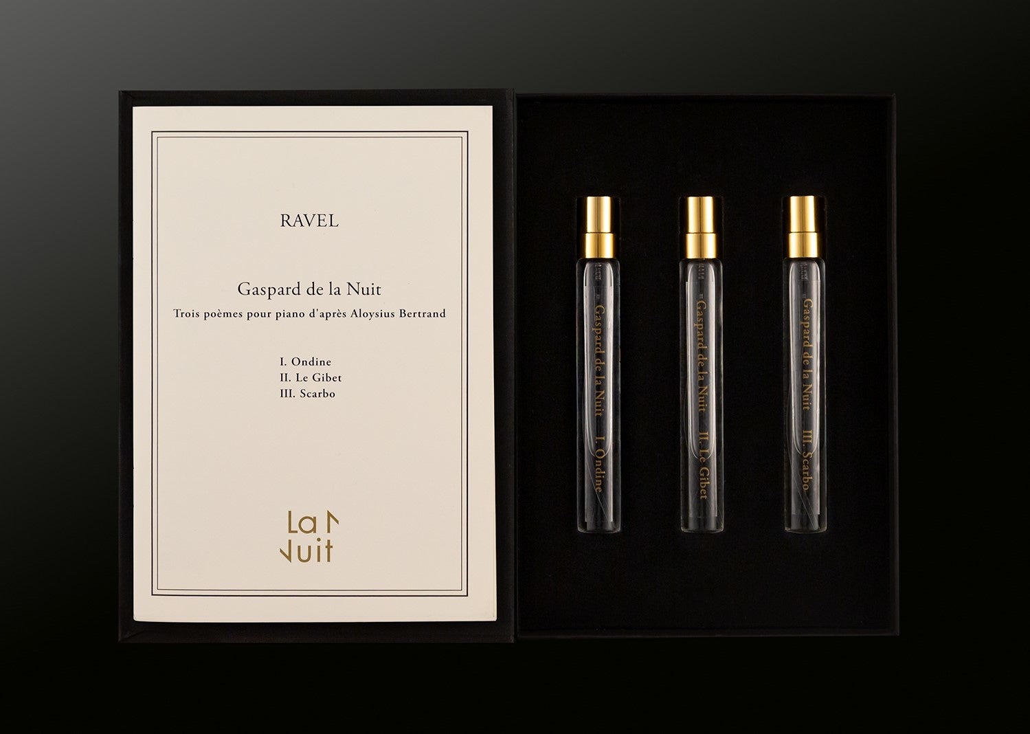 『夜のガスパール』香水セット。オンディーヌ、絞首台、スカルボの3曲をイメージしたオードトワレがセットに。