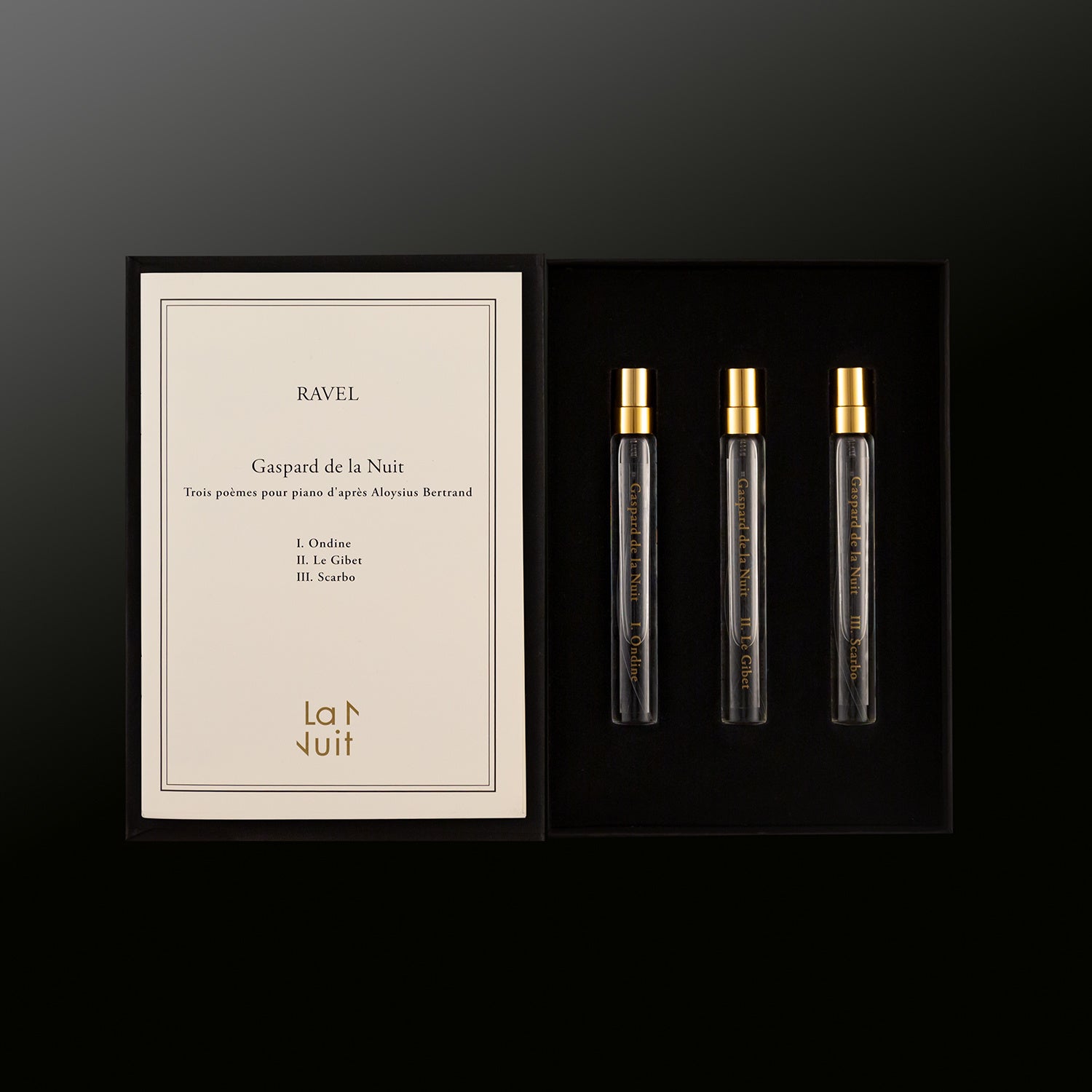 『夜のガスパール』香水セット。オンディーヌ、絞首台、スカルボの3曲をイメージしたオードトワレがセットに