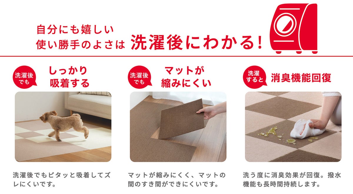 洗濯後もしっかり吸着・縮みにくい・消臭機能が回復する解説図