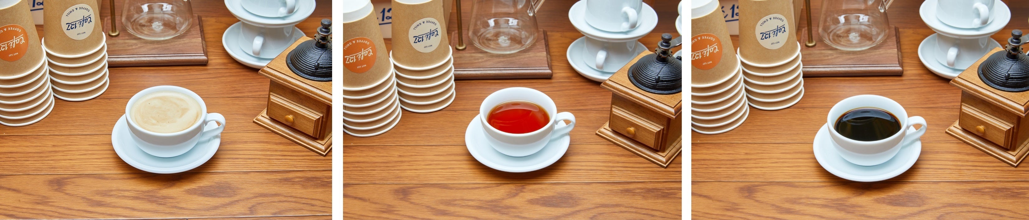 ホットカフェラテ、ホットティー、ホットコーヒー