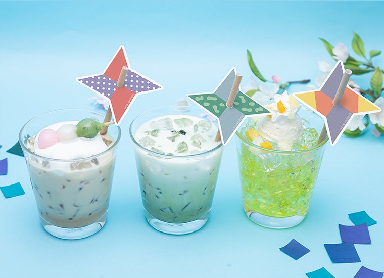 しんべヱのお団子きなこラテ、乱太郎のお抹茶ミルク、きり丸のきんぴかレモンソーダ