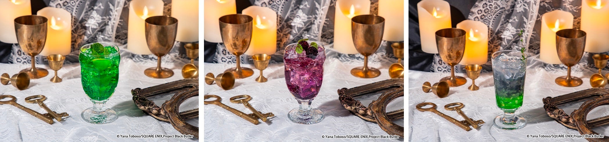 グリーンヒルのパイナップルドリンク、バイオレットのメロンソーダ、葬儀屋の青りんごソーダ