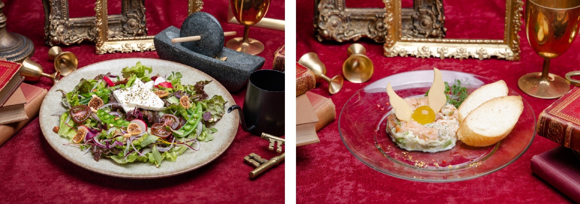 グリーンハウスサラダ with スパイス、サーモンタルタル with ゴールデン・スニッチ