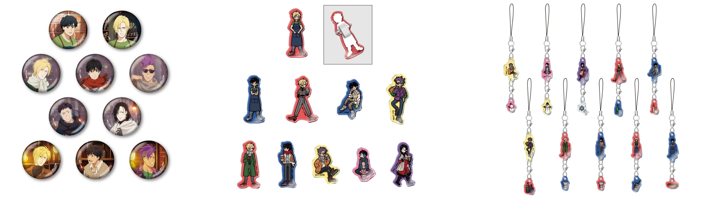 缶バッジ（ランダム10種）、アクリルバッジ（ランダム10種）、アクリルチャームストラップ（ランダム10種）