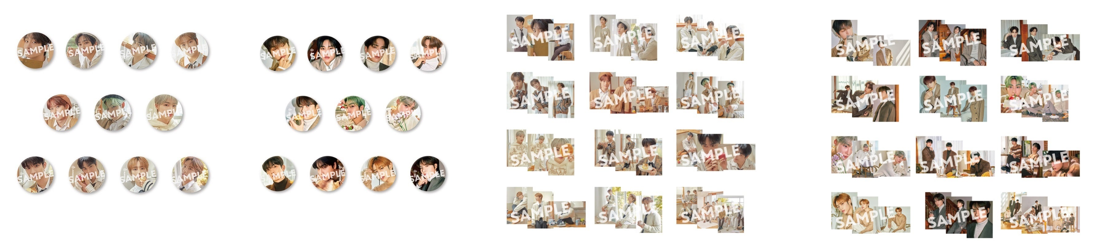 缶バッジA（ランダム11種）、缶バッジB（ランダム11種）、ランダムフォトA（3枚セット）、ランダムフォトB（3枚セット）