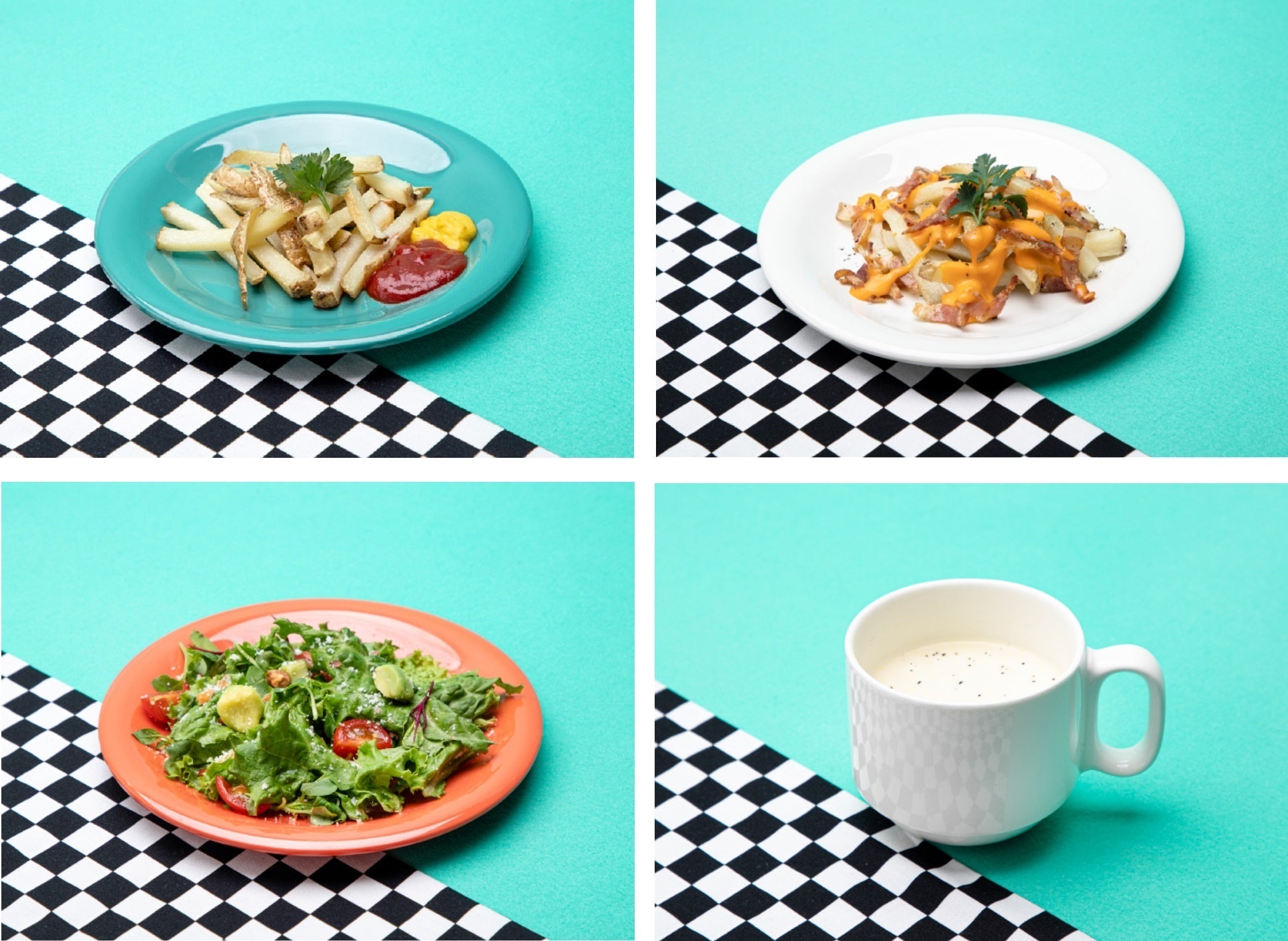 A,フライドポテトセット、B,チーズ＆ベーコンポテトセット、C,サラダセット、D,クラムチャウダーセット