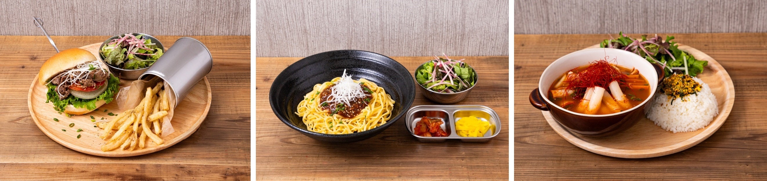 WOOZI　プルコギバーガー、THE 8　ジャージャー麺、MINGYU　スープトッポギ