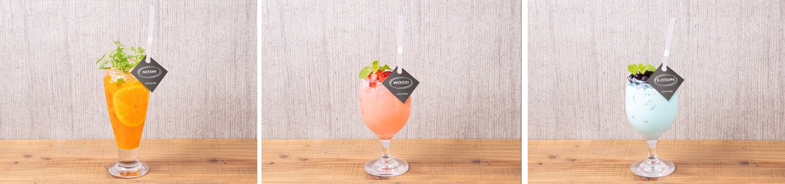 キャロットドリンク、ローズヒップホワイトソーダ、ブルーココナッツミルク