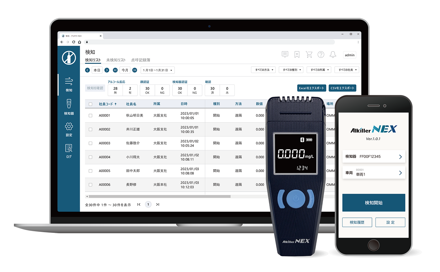 クラウド型アルコールチェッカー「アルキラーNEX」管理者画面