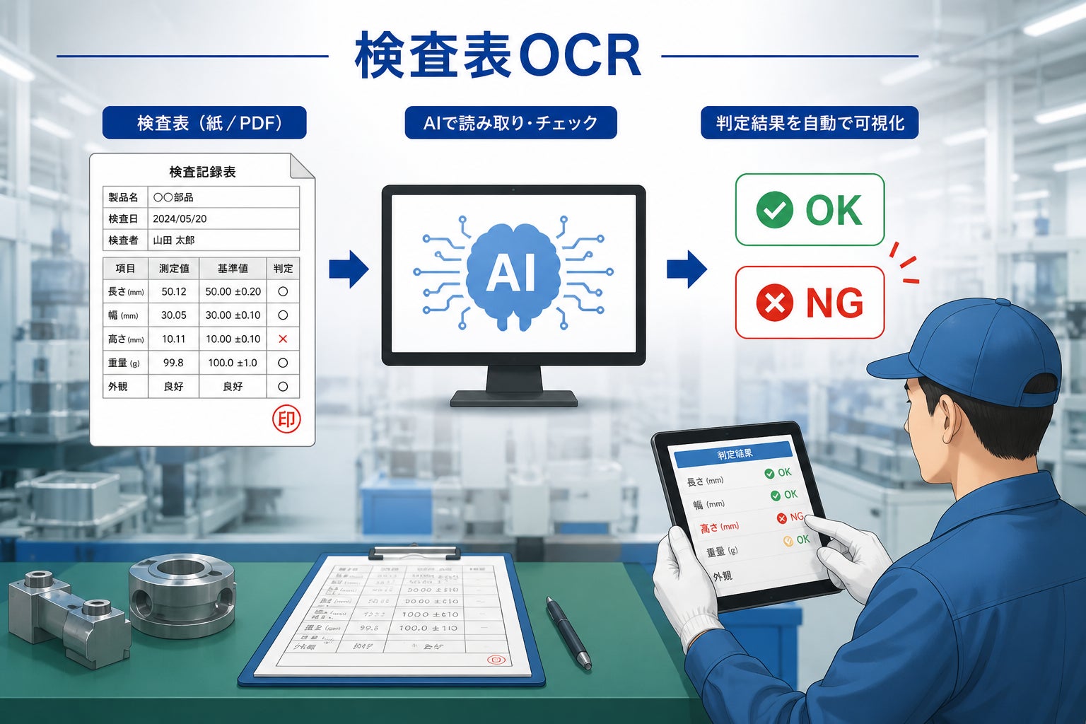 製造業の紙文化をそのままDX】手書き文字・レ点・印鑑も読み取り、基準 製造業の紙文化をそのままDX】手書き文字・レ点・印鑑も読み取り、基準