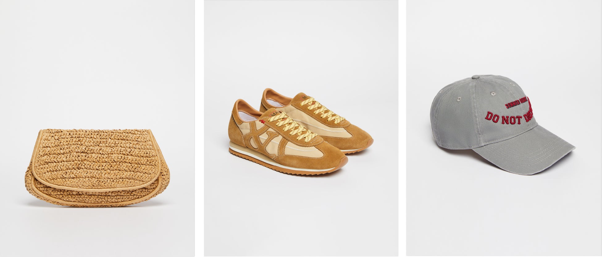 【左】ラフィア バッグ ¥52,800税込 【中】スエード スニーカー ¥59,400税込 【右】刺しゅう キャップ ¥19,800税込
