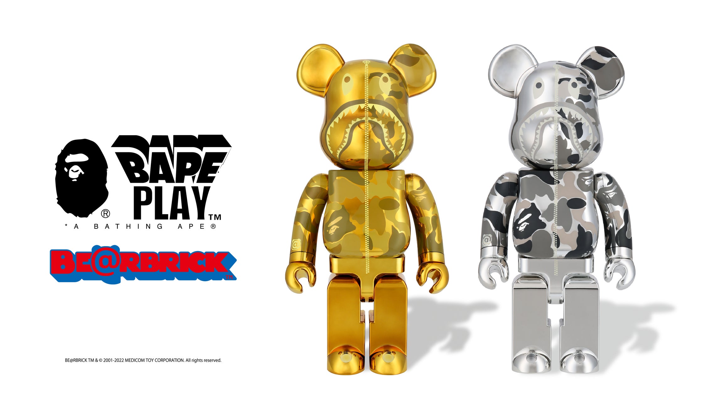 BE@RBRICK BAPE®︎ CAMO SHARK GOLD & SILVER | 株式会社 ノーウェアの BE@RBRICK BAPE®︎ CAMO SHARK GOLD & SILVER | 株式会社 ノーウェアの
