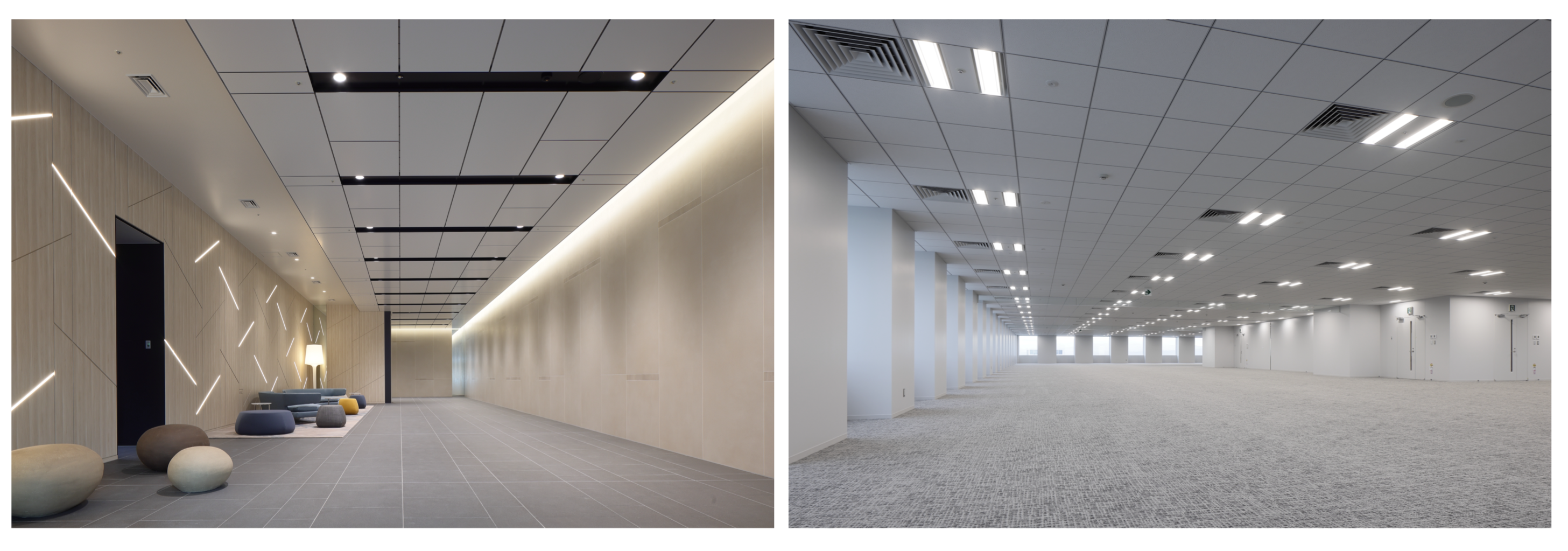 （左）1階 オフィスエントランス （右）成型・無柱フロアプレートの執務エリア 撮影：株式会社エスエス　島尾　望