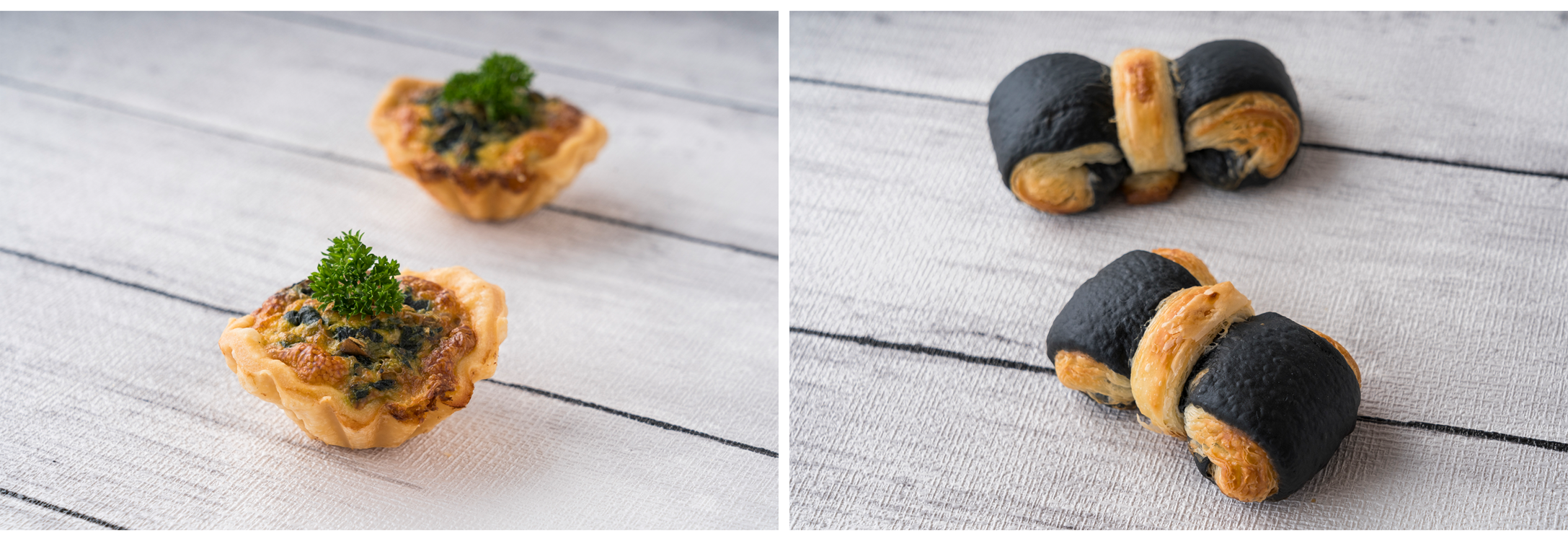 キッシュ ロレーヌ（左）、チャコールクロワッサン（右）