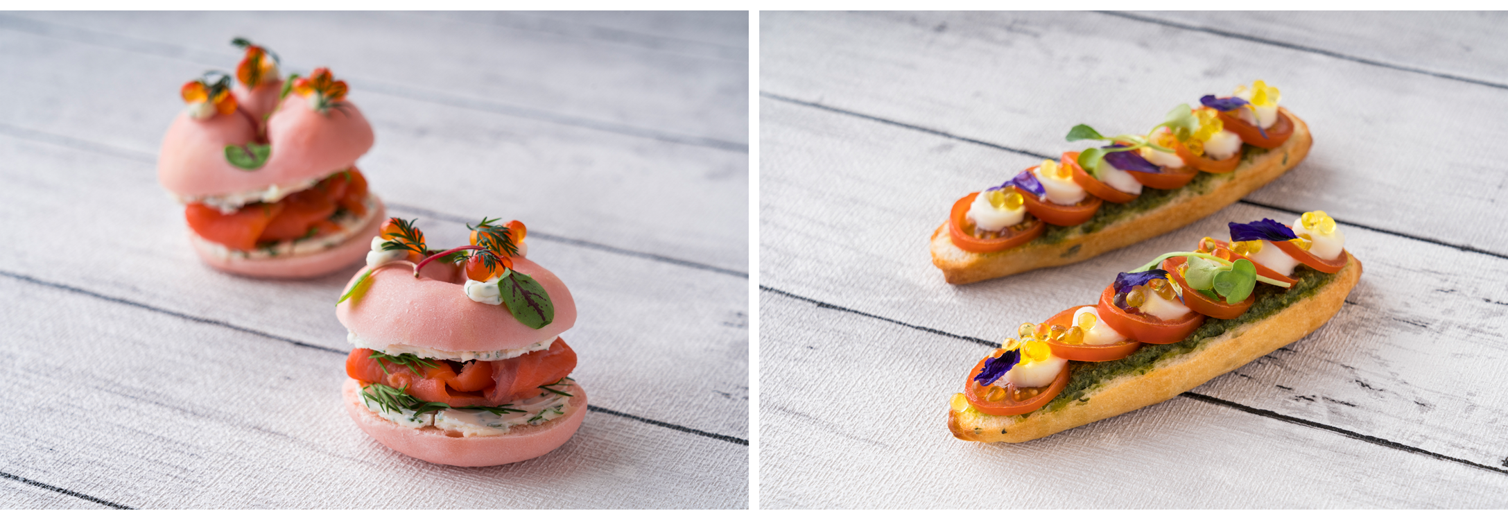 スモークサーモンのビーツベーグル（左）、スプリングオニオンブレッド トマトとモッツァレラブルスケッタ（右）