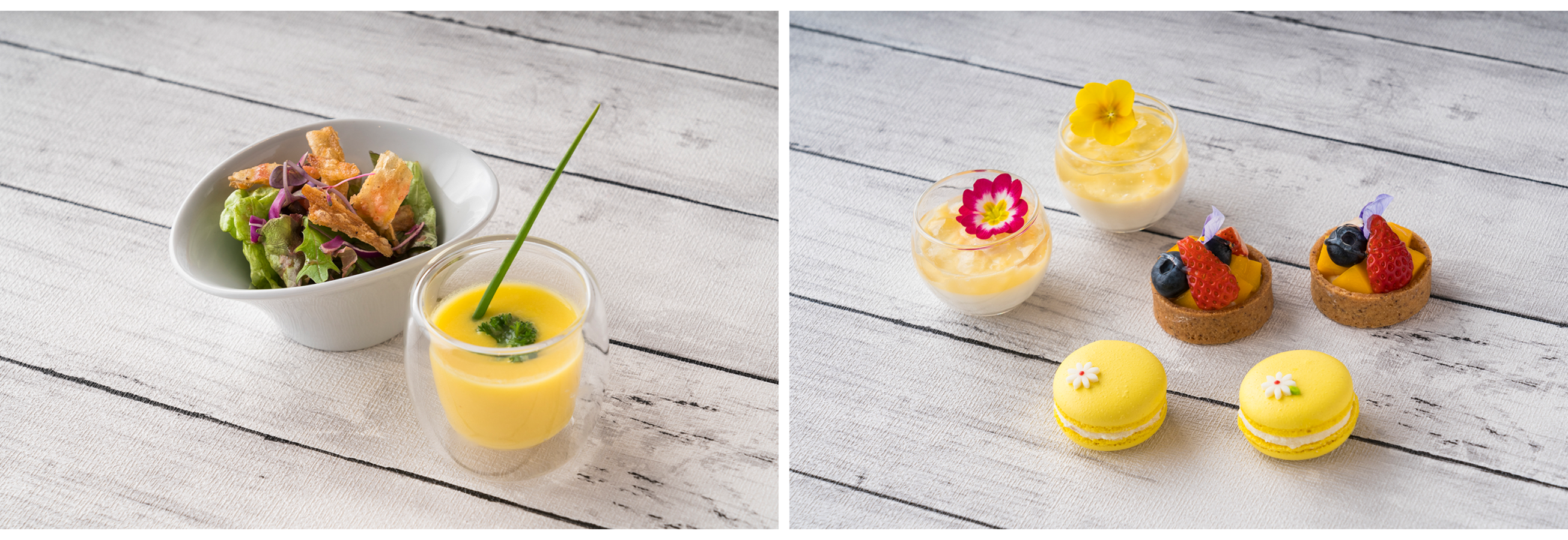 日替わりスープ&サラダ（左）、3種類のスイーツ（右）